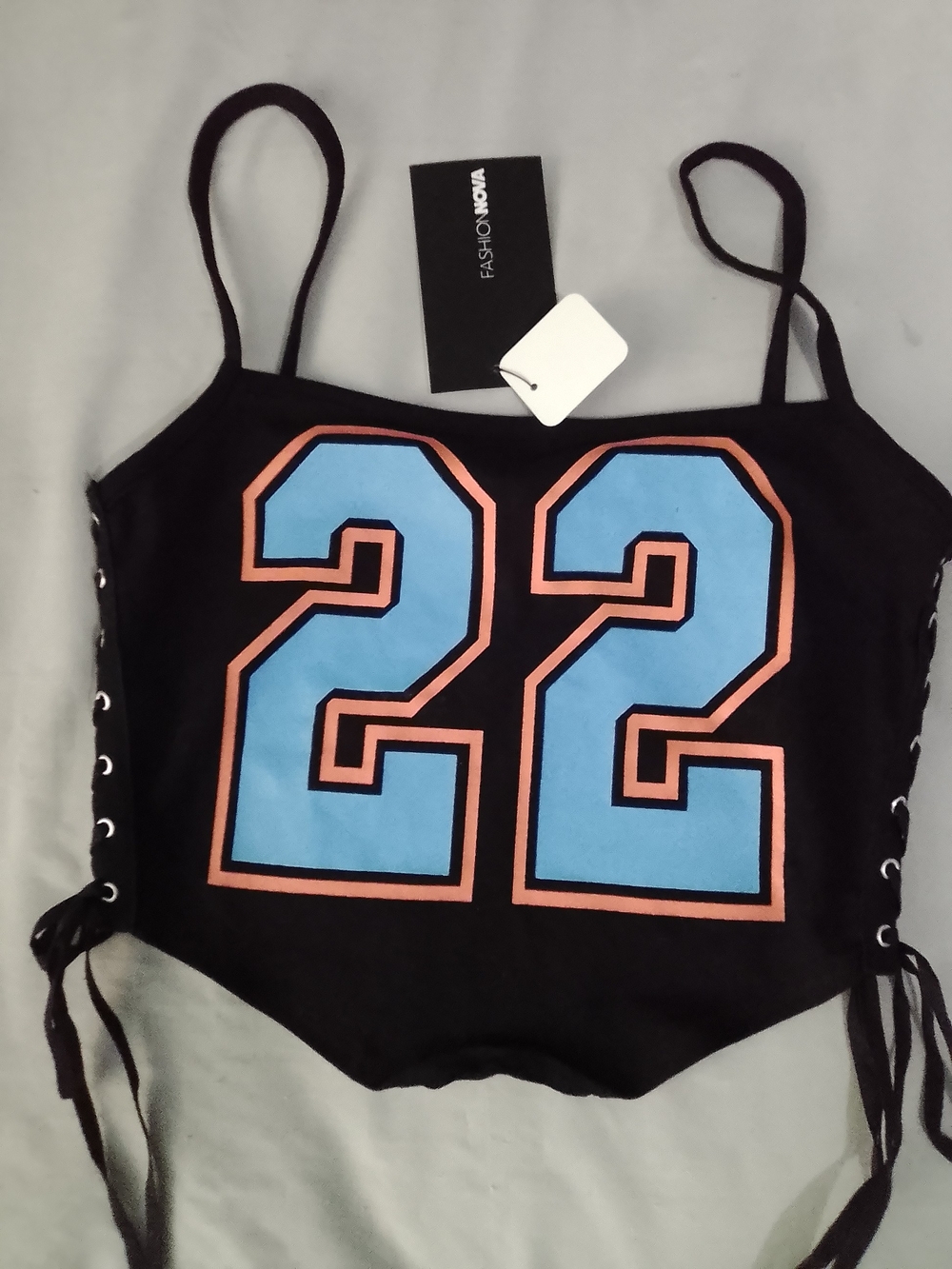 Fashion Nova black crop top with blue number 22 with orange outline #fashionnova